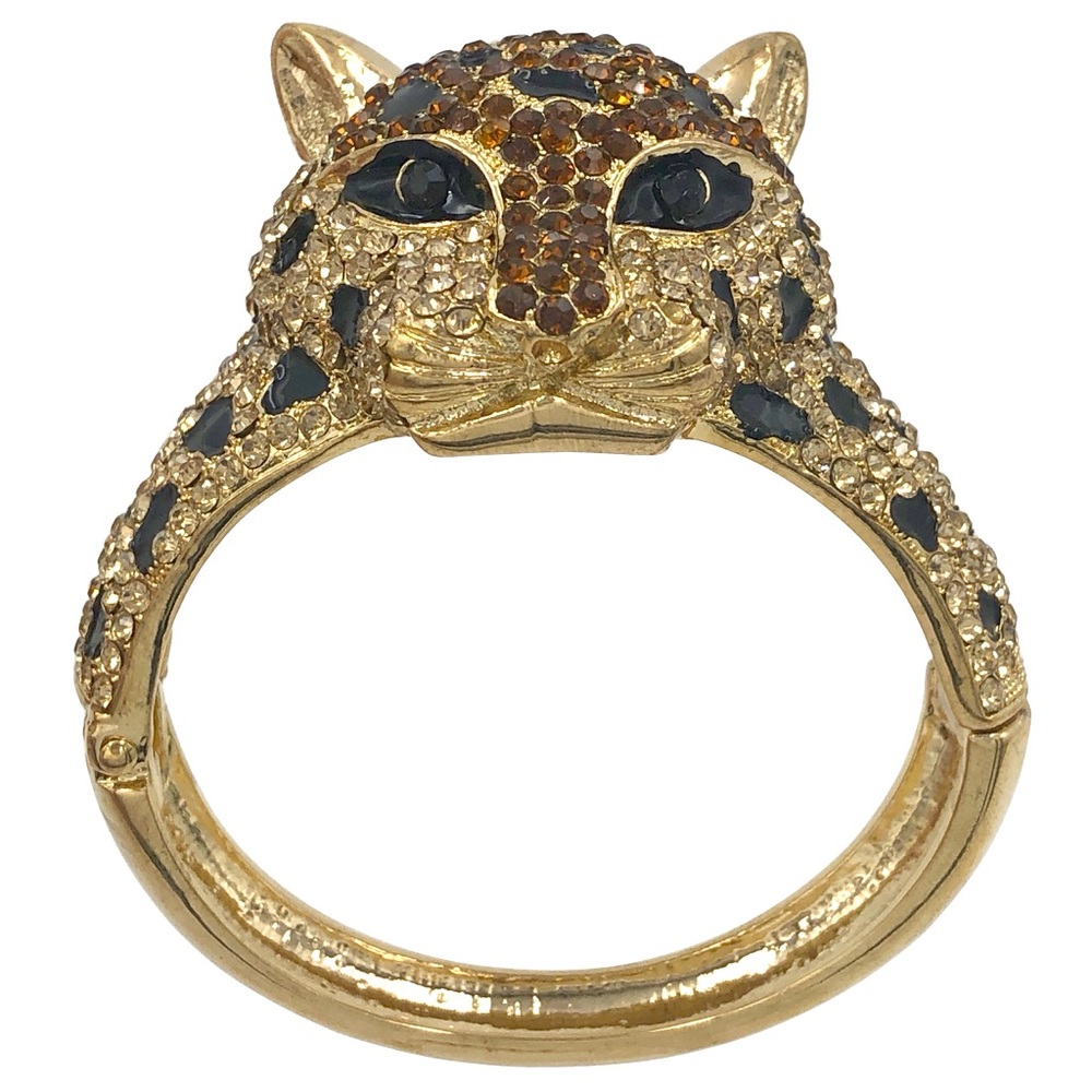 Large Rhinestone Leopard Face Gold Hinged Big Statement Bangle Bracelet